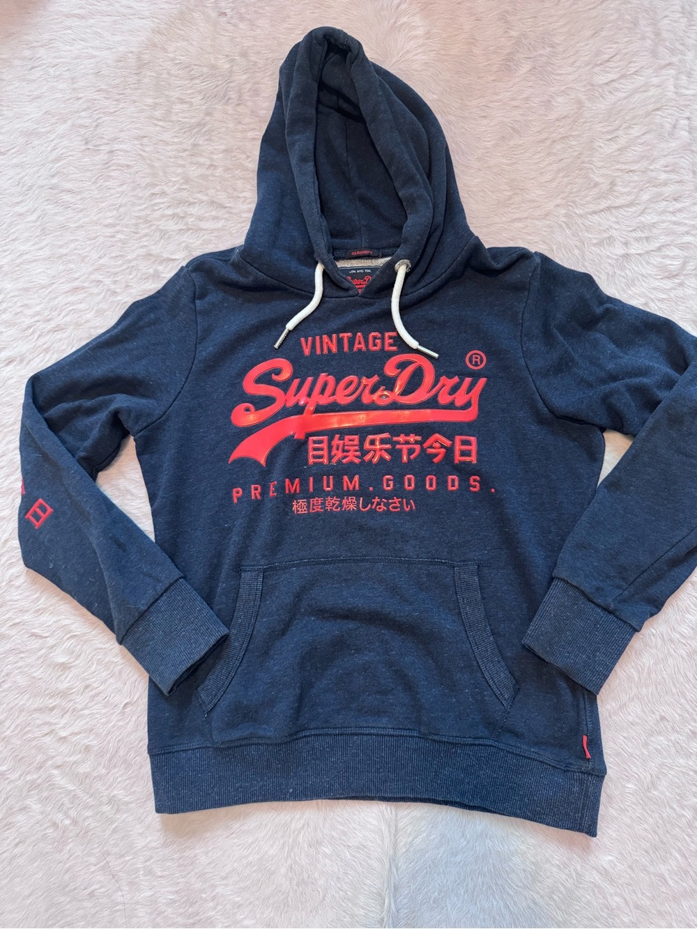 Cool SuperDry Navy Crewneck Hoodie with Red Logo
